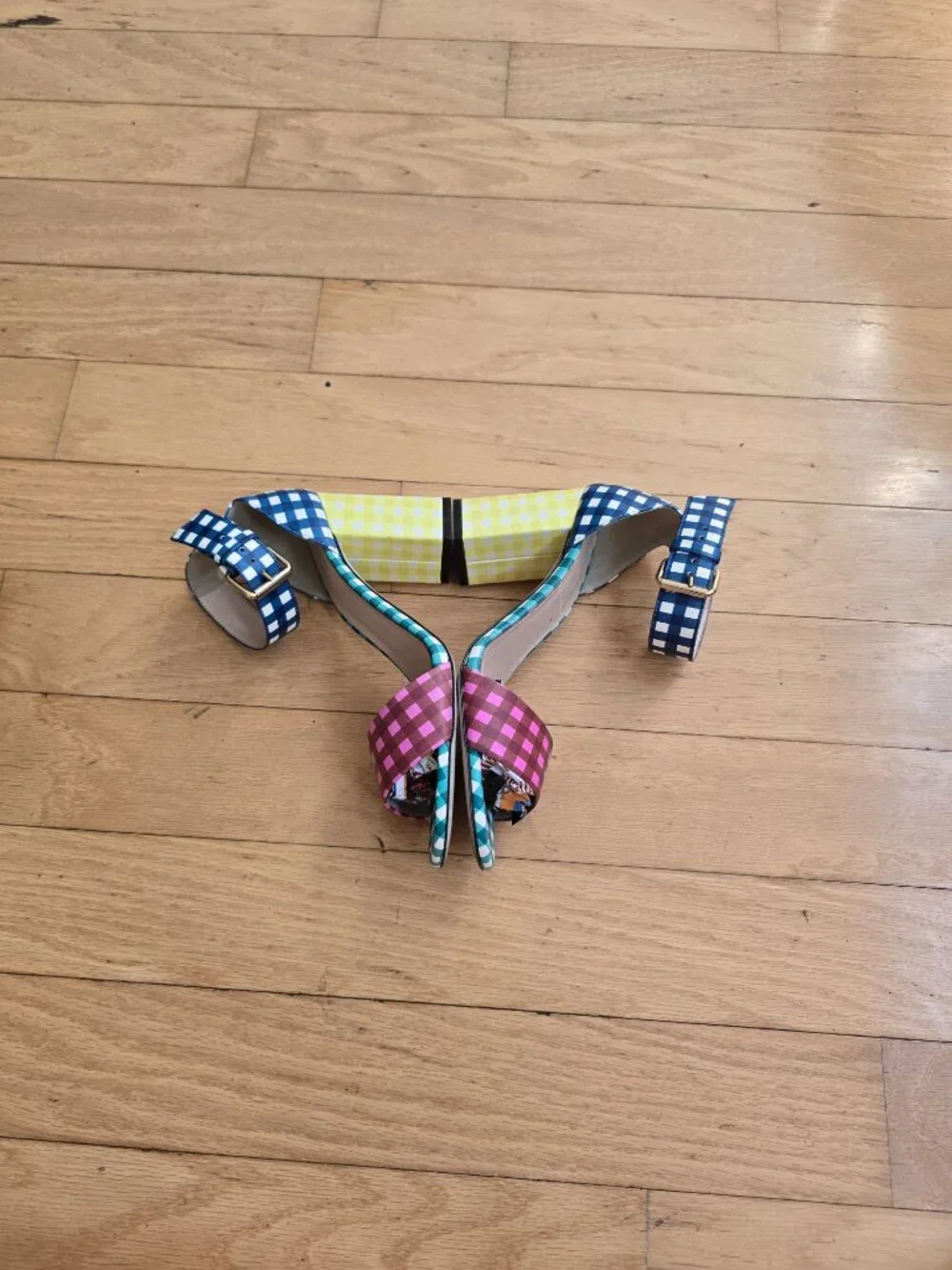 J.Crew |  Multi Color Gingham Dopamine Ankle Strap Block Heel Sandals | WMS 6